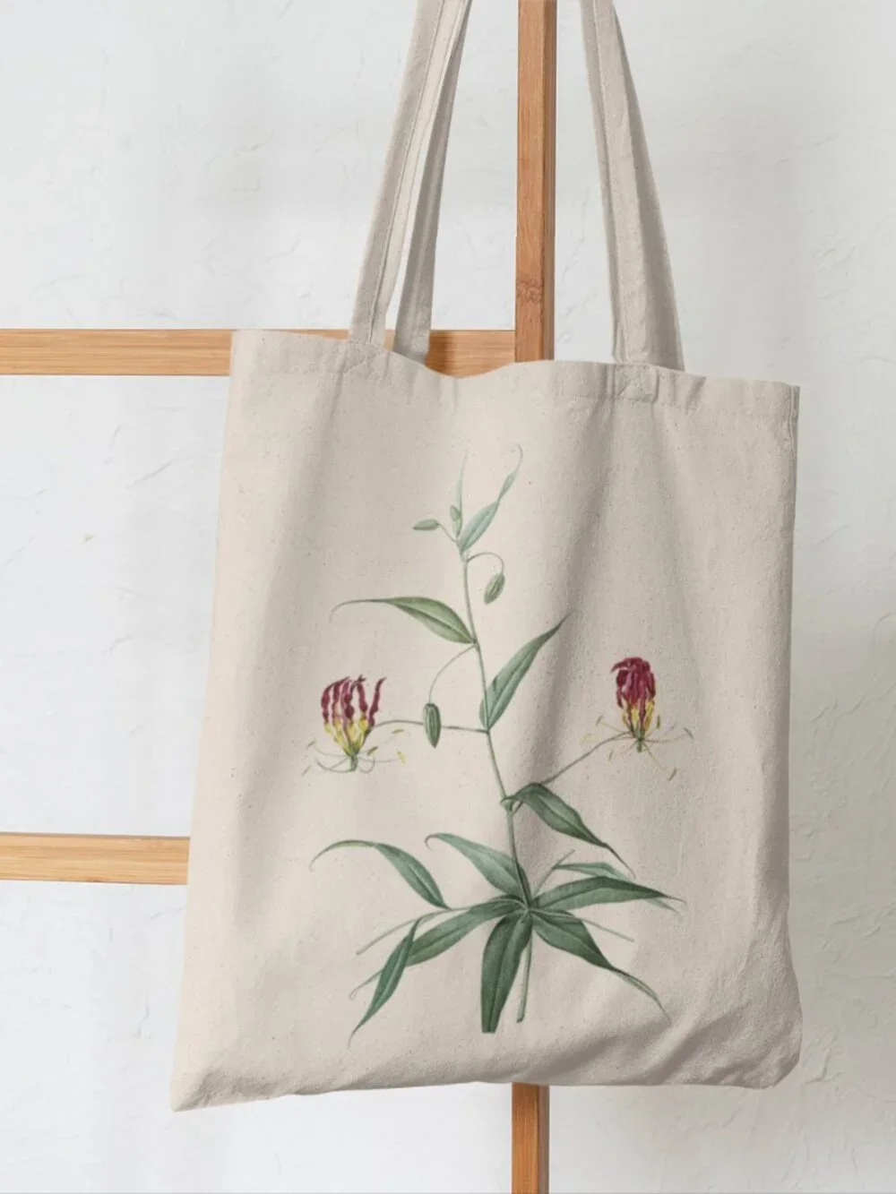 Flame Lily Vintage Floral Print Graphic Canvas Tote Bag